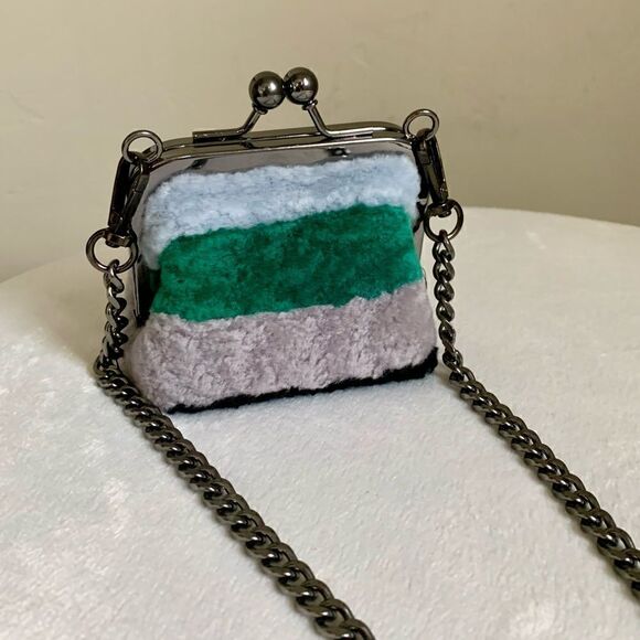 Handmade Real Shearling Colorblock Kisslock Small Clutch/Coin Pouch/Crossbody - Picture 2 of 11